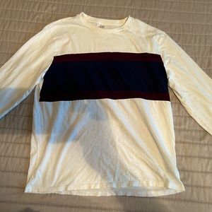 GAP white with burgundy and navy stripe through the middle. Size L